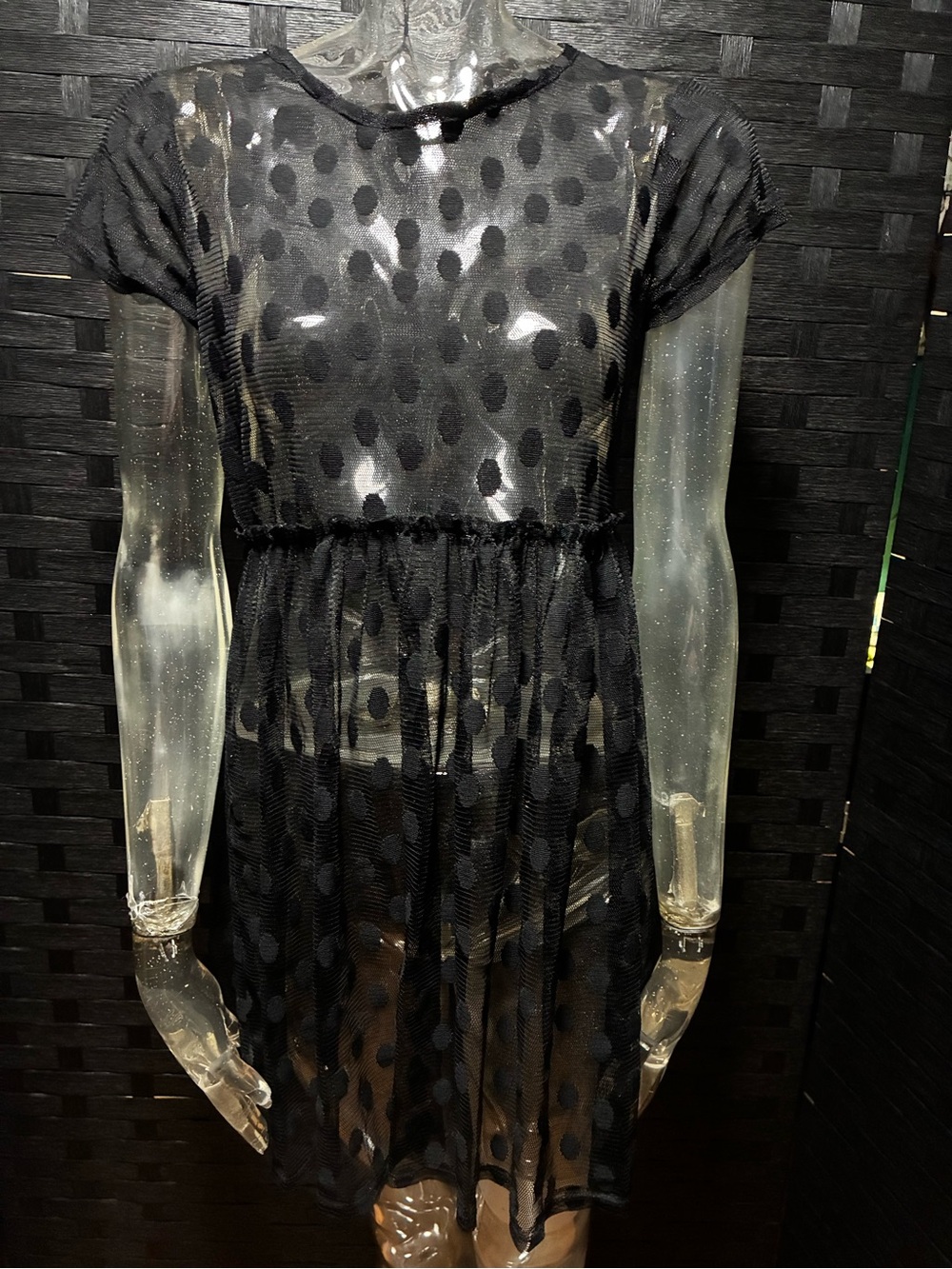 Sheer Black Mesh Polka Dot Mini Dress Flocked Babydoll Whimsigoth Cap Sleeve